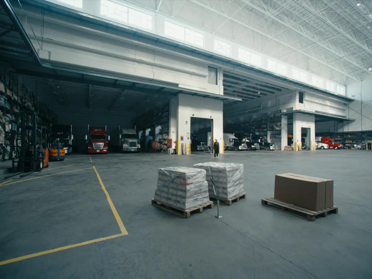 Distribution warehouse with trucks at the loading bays